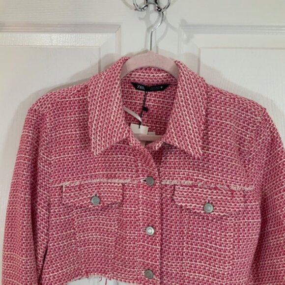 Zara Cropped Tweed Lightweight Spring Long Sleeve Pink Blazer Size Medium - Picture 2 of 9